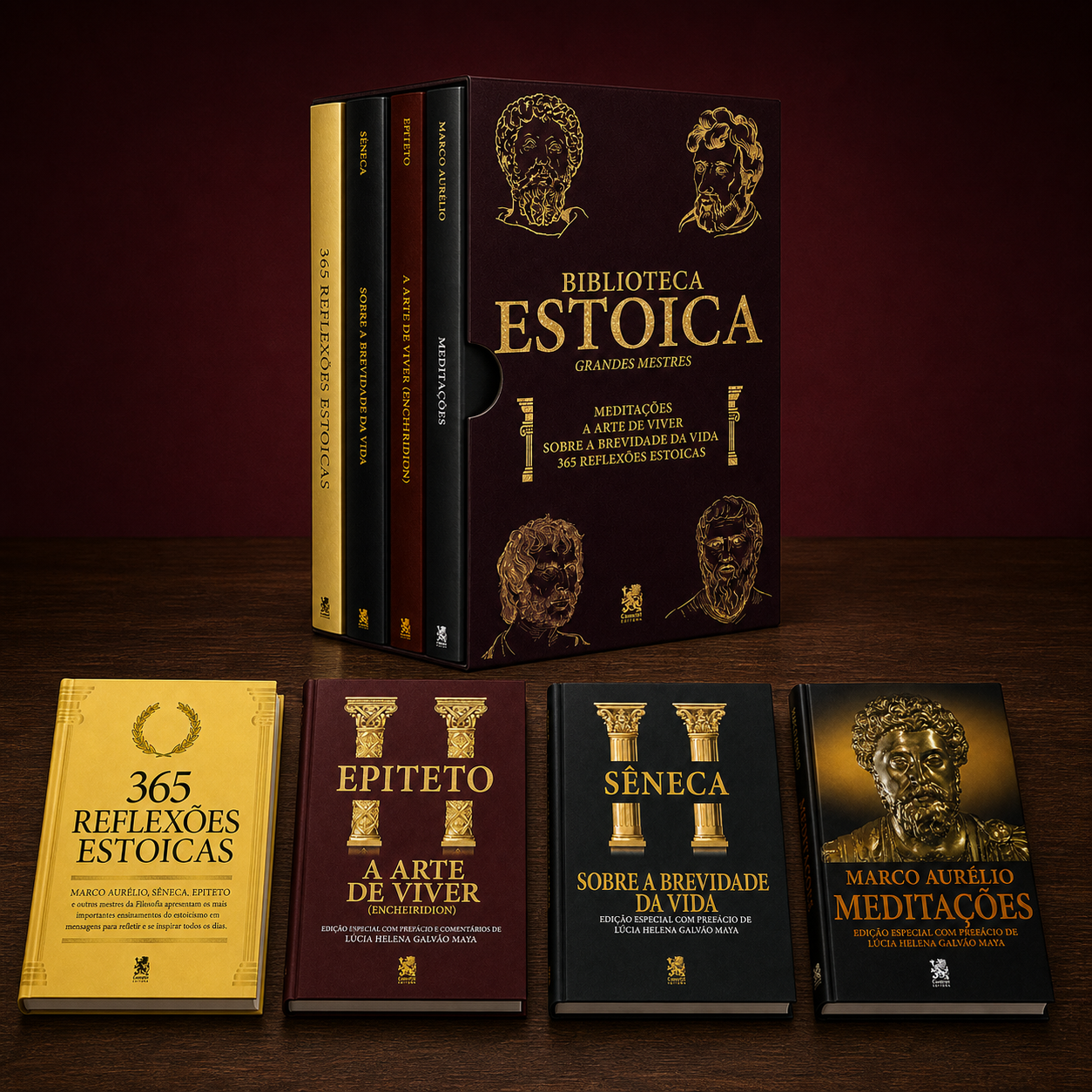 Composição editorial com o box e os quatro livros