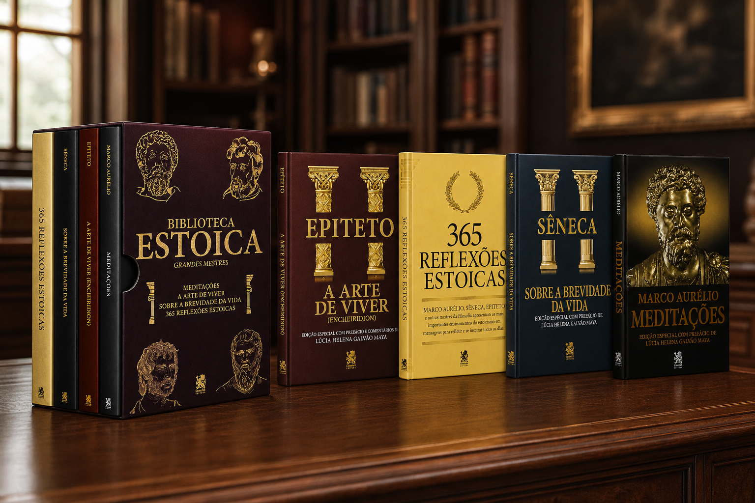 Box Biblioteca Estoica e os quatro livros sobre uma mesa de leitura